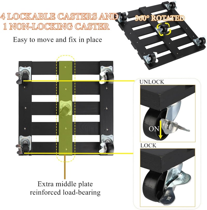 PRAQECZ 2 Pack Plant Stand with Wheels, 12" Rolling Plant Stand 264 LBS Heavy Duty Wooden Square Plant Caddy with Metal 360° Lockable Caster Wheels for Outdoor Indoor Large Plant Pots, Flower Pot, Patio-Black - Image 5